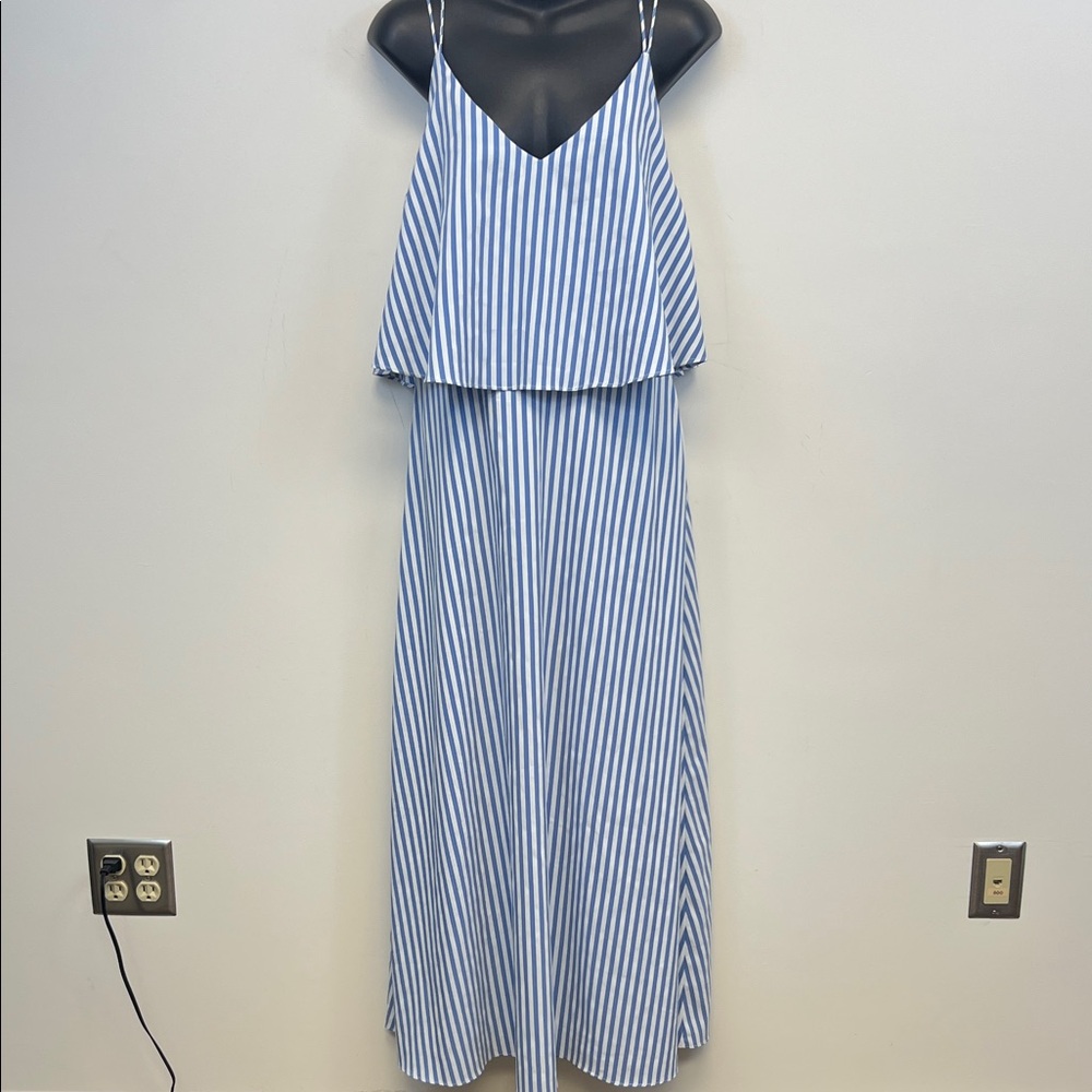 Molly Bracken Women’s Blue White Striped Napkin Maxi Dress Spag. Straps Small